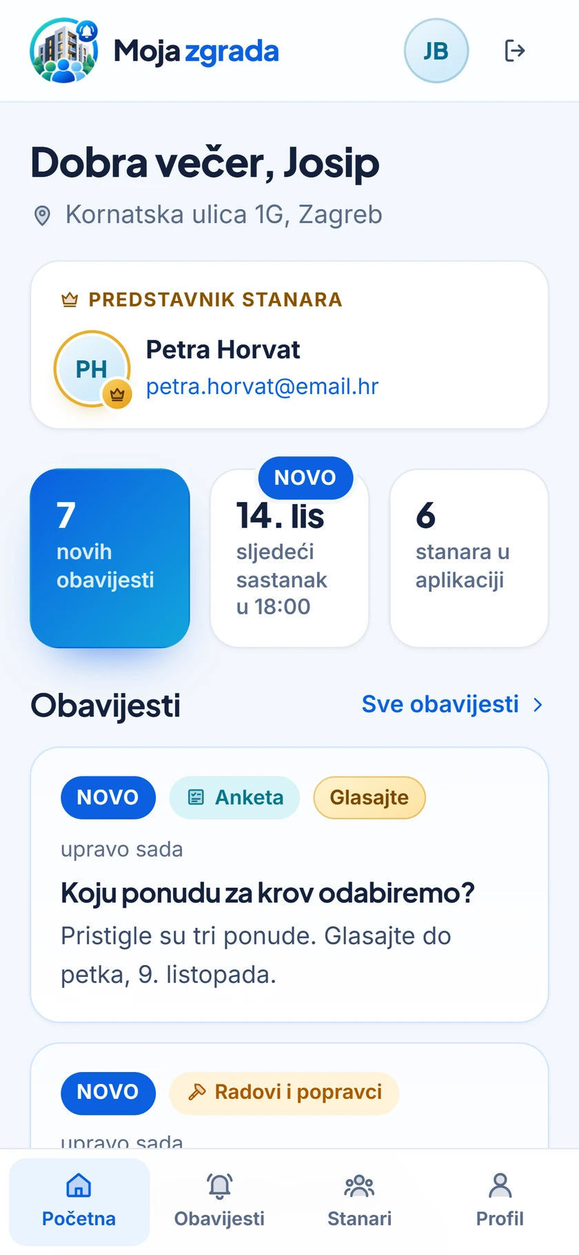 Zaslon aplikacije Moja zgrada: ploča stanara s novim obavijestima, sljedećim sastankom i kontaktom predstavnika stanara